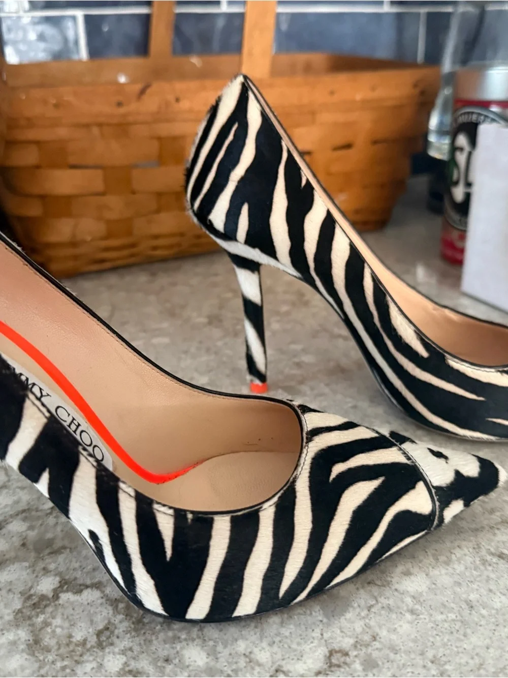 Jimmy Choo Black and White Animal-Print Pointed Pumps with Orange Lining